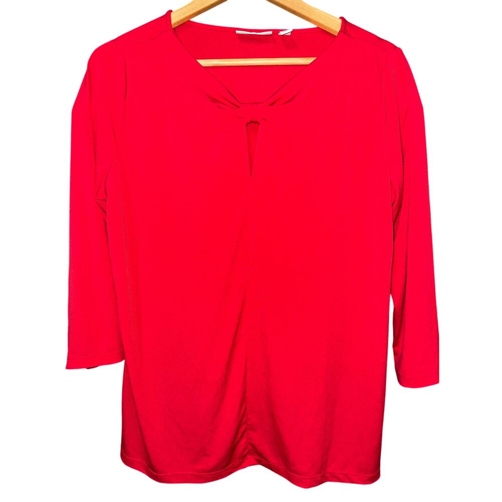 Susan Graver Liquid Knit Top Red M 3/4 Stretch Sleeves No Iron Office Work